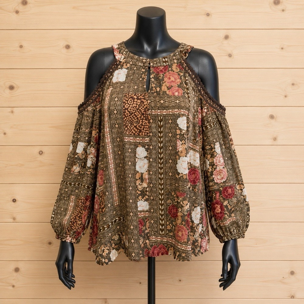 SOHO New York & Company Women's XL Olive Floral Cold Shoulder Boho Blouse[F]